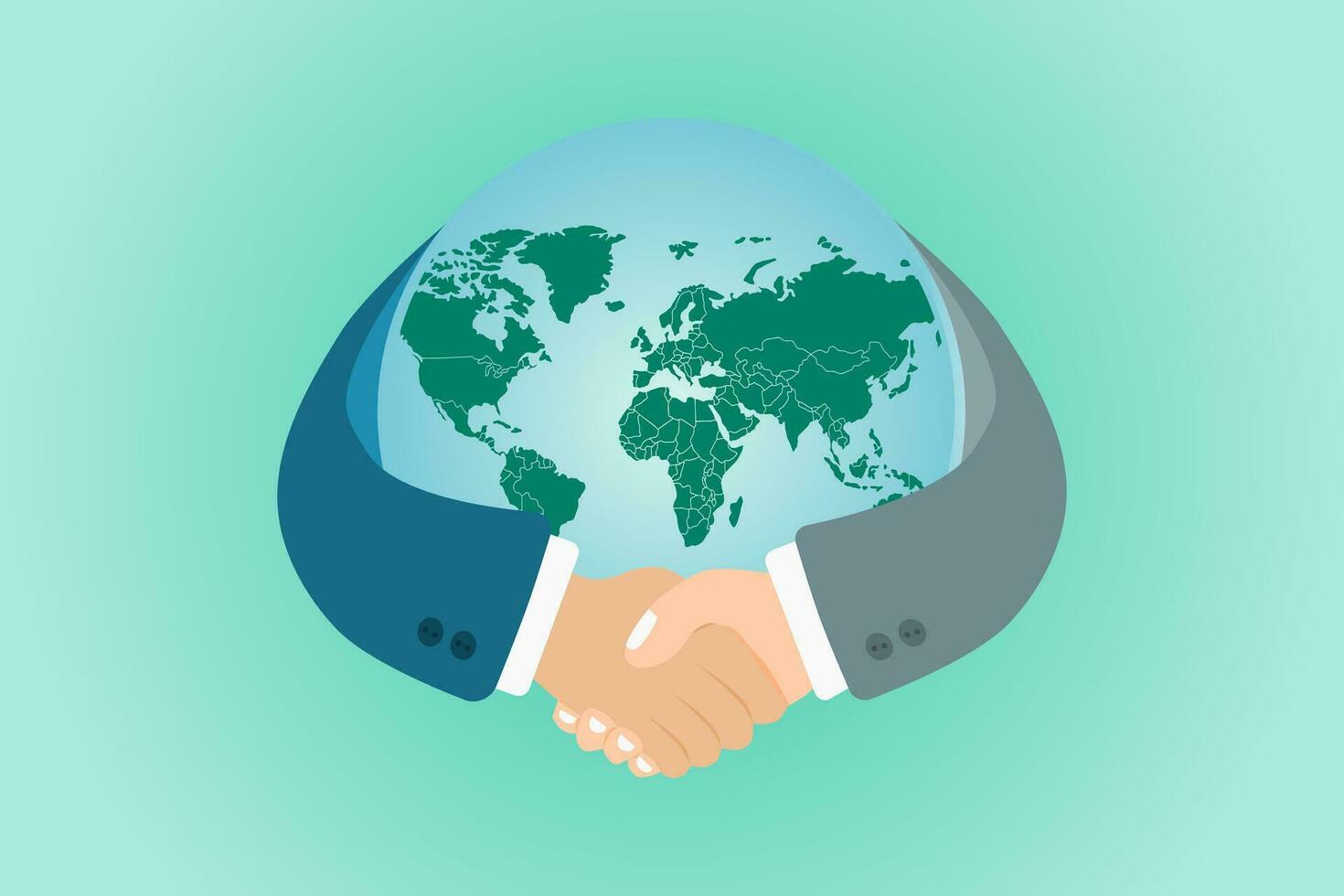 Handschlag Symbol mit Globus Welt Karte Hintergrund. International Partnerschaft Geschäft Konzept. Vektor Illustration.