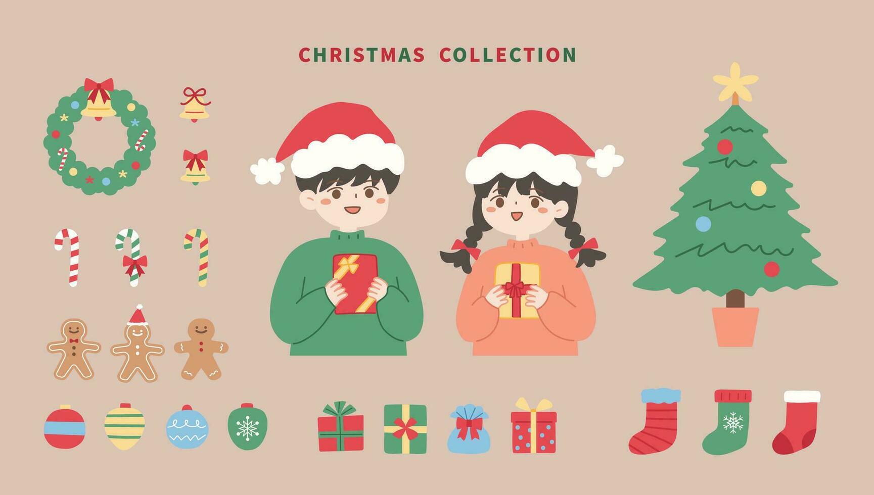 jul samling med pojke, flicka, träd, present, pepparkakor man, godis, dekoration vektor