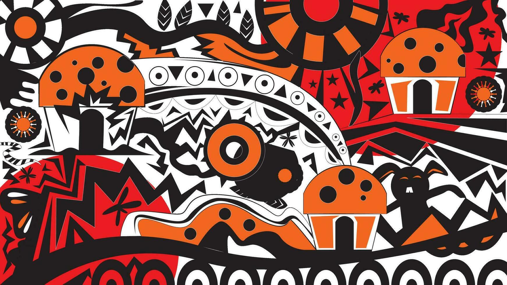 Hand gezeichnet schwarz und Weiß abstrakt Hintergrund mit Pilze Haus im Orange Farbe. geeignet zum Hintergrund vektor