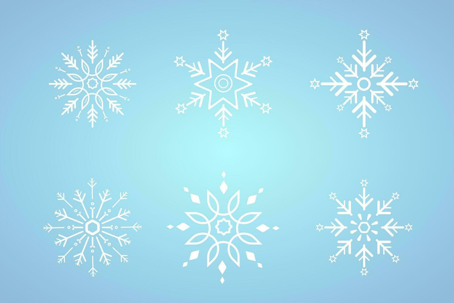 sechs Objekt, Symbol Weiß Schneeflocken zum Winter, Frühling und Weihnachten Elemente auf isoliert Blau Hintergrund, Weiß geometrisch minimalistisch Schneeflocke Elemente und Symbole Konzept Design vektor