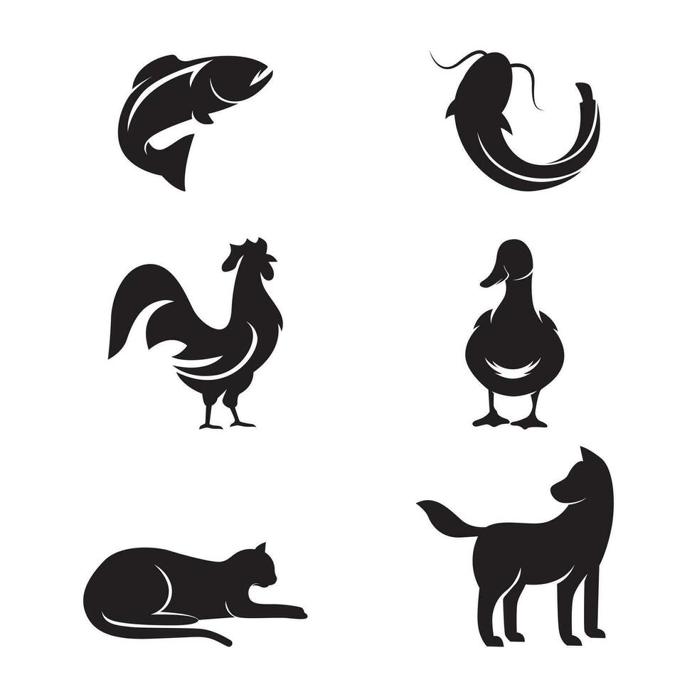 Sammlung von Silhouetten von Tier Logos. Fisch, Wels, Hahn, Ente, Hund, Katze vektor