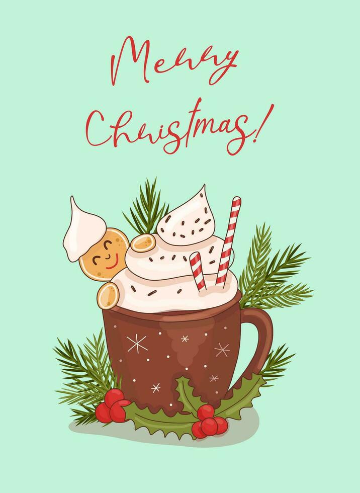 söt mysigt jul kort med en råna av kakao med grädde och en pepparkaka man kikar ut från Bakom. de råna är dekorerad med bär, löv och jul träd grenar. vektor. vektor