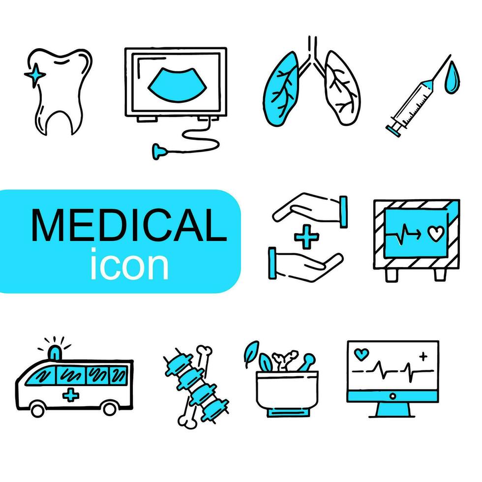 hand dragen medicinsk ikon rader med blå Färg och vit bakgrund, i platt design stil vektor