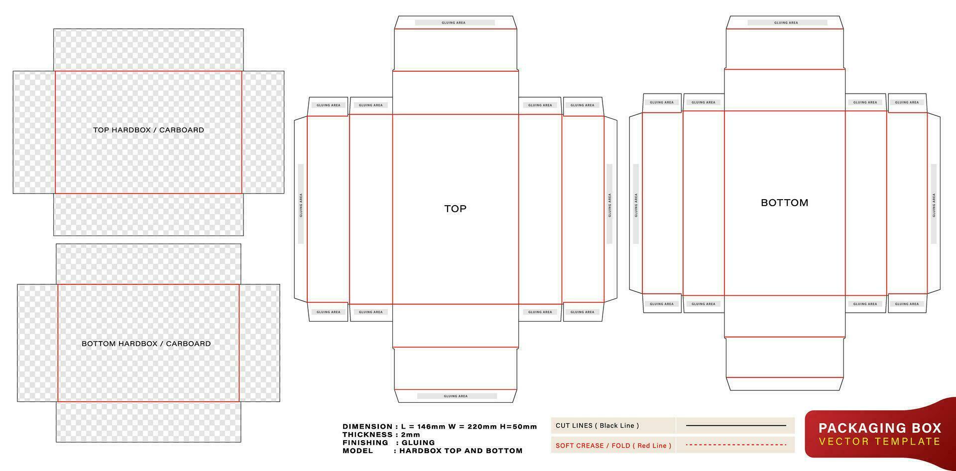 dö skära låda topp och botten modeller hård låda mall med de dimensionera mått och tjocklek för förpackning varumärke, produkt avdelning unik design, minimalistisk konceptuell hållare, paket brevpapper vektor