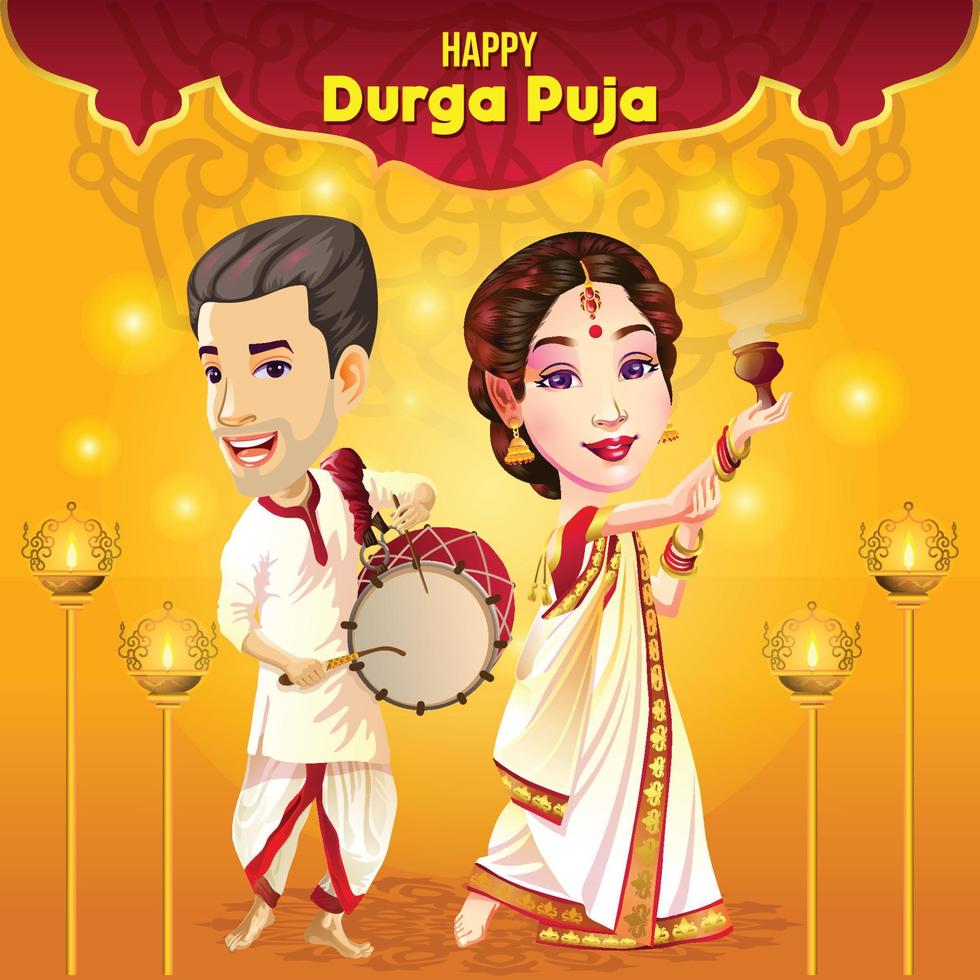 durga puja navratri festivalönskningar med dansare och trummis vektor