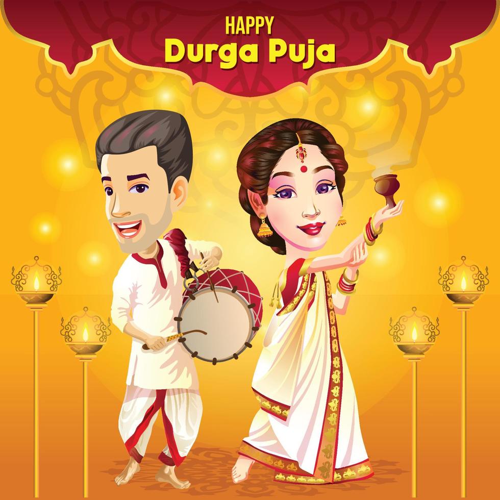Durga Puja Navratri Festival Wünsche mit Tänzer und Schlagzeuger vektor