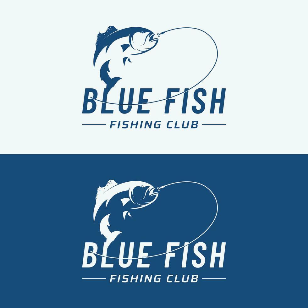 fiske klubb logotyp design med kreativ fiskare och Hoppar fisk. vektor