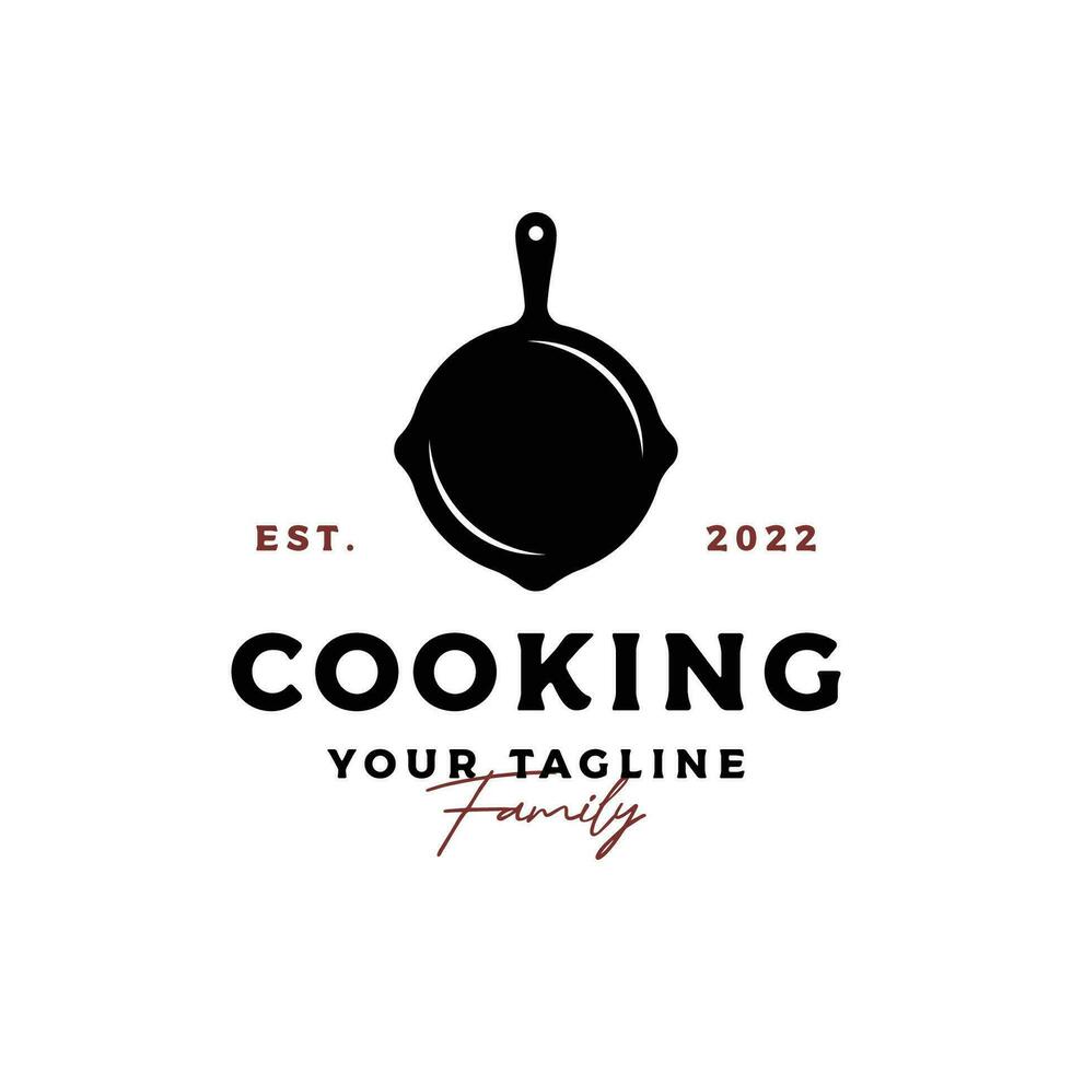 Logo Vorlage zum ein rustikal retro Jahrgang Kochen Topf oder braten Pfanne. Logo zum ein Restaurant. vektor