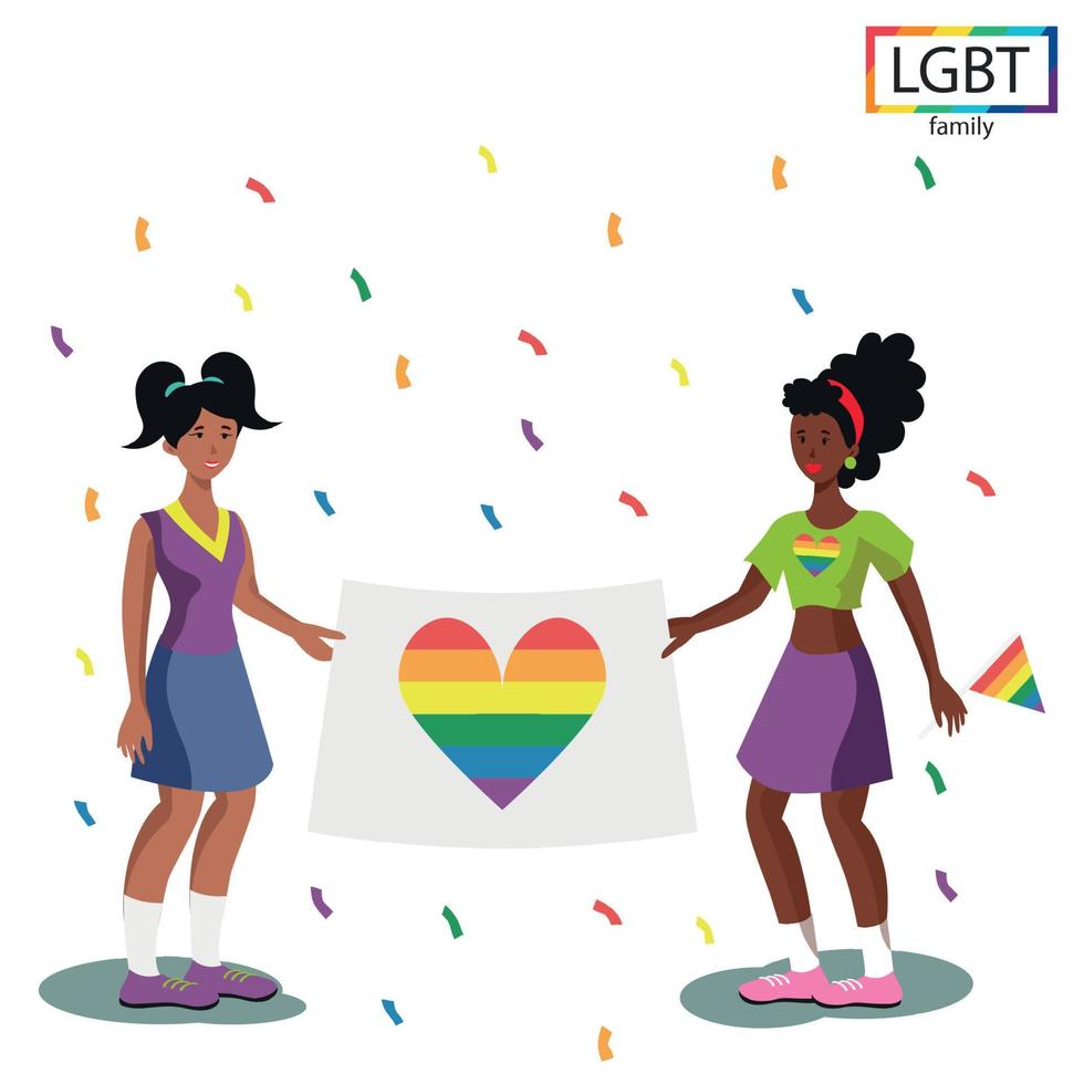 LGBT-Familie zwei Mädchen, die eine Regenbogenflagge bei der Parade halten - Vektor