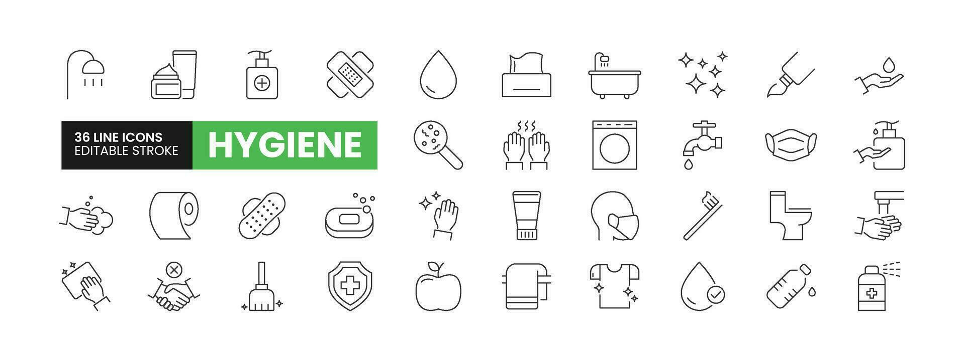 einstellen von 36 Hygiene Linie Symbole Satz. Hygiene Gliederung Symbole mit editierbar Schlaganfall Sammlung. beinhaltet Reinigung, Dusche, Bandage, sauber Wasser, Waschen Hände, und mehr. vektor