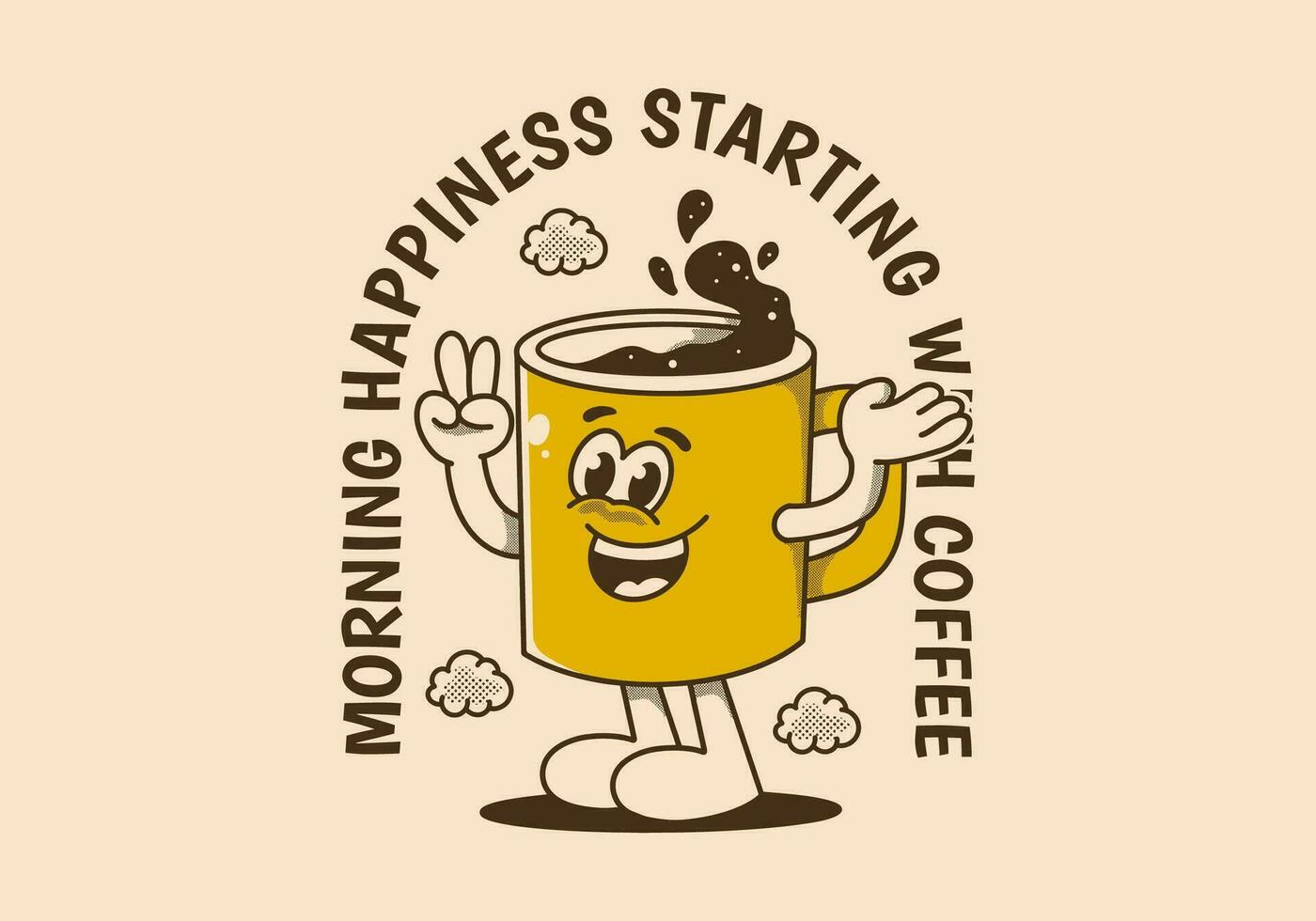 morgon- lycka startande med kaffe. årgång maskot karaktär av kaffe råna med Lycklig ansikte vektor