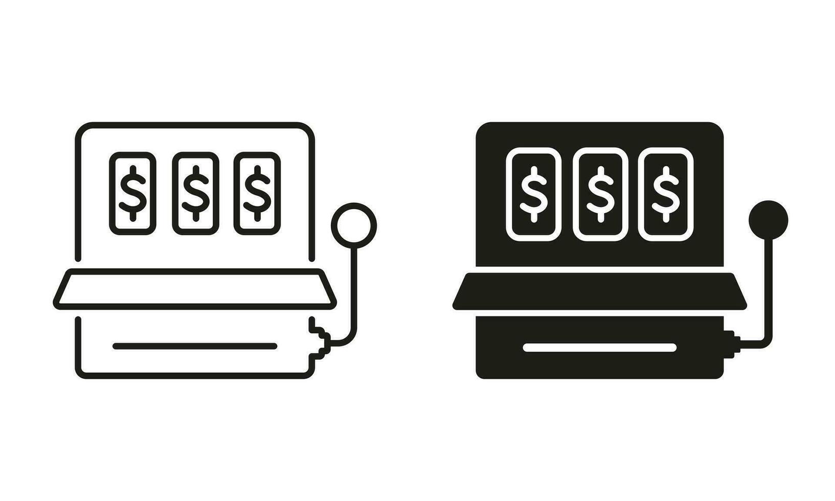 Slot Maschine Linie und Silhouette schwarz Symbol Satz. zocken, Lotterie, Spiel Piktogramm. glücklich, Jackpot Kasino im las Vegas Symbol Sammlung. Obst Maschine unterzeichnen. isoliert Vektor Illustration.