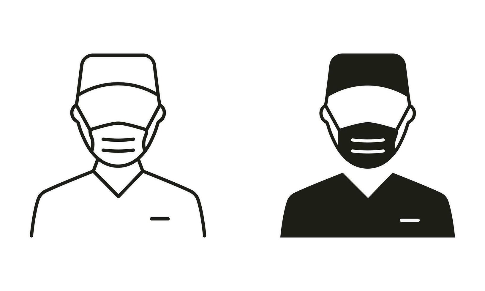 Plastik Chirurgie Spezialist im medizinisch Maske Piktogramm Satz. der Chirurg Mann Linie und Silhouette schwarz Symbole. Fachmann der Chirurg Arzt, Krankenhaus Mitarbeiter Symbol Sammlung. isoliert Vektor Illustration.