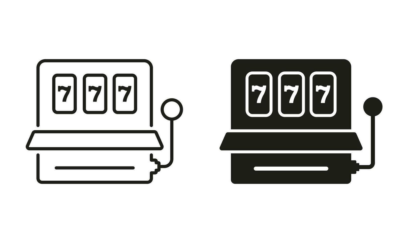spår maskin linje och silhuett svart ikon uppsättning. kasino tur- jackpott 777 las vegas piktogram. spelande, lotteri, pengar spel. frukt spår maskin, spela tecken. isolerat vektor illustration.