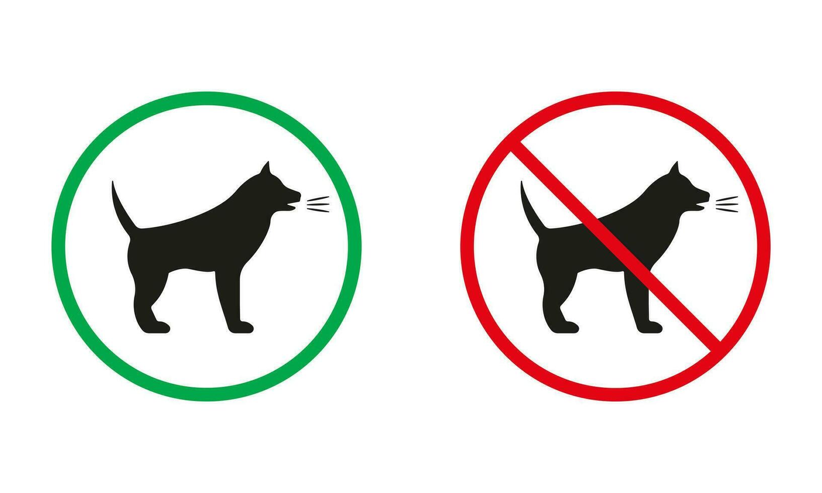 hund bark varning tecken. arg sällskapsdjur silhuett ikoner uppsättning. valp ljud tillåten, inträde med aggressiv vovve förbjuden symbol. isolerat vektor illustration.