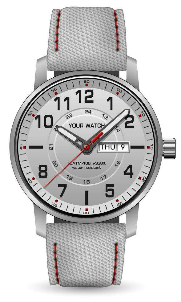 realistisch Uhr Uhr Silber Weiß Gesicht rot Pfeil schwarz Nummer mit Stoff Gurt auf isoliert Design klassisch Luxus Vektor