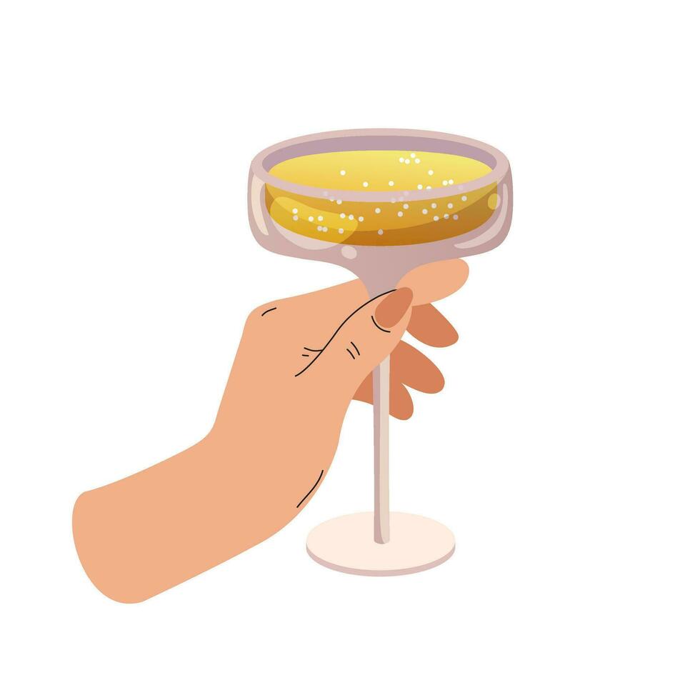 Hand hält Glas mit Champagner auf Weiß Hintergrund. festlich Illustration zum Weihnachten. Neu Jahre Gruß Karte. Zeichnung von Champagner Glas. Vektor eben Illustration.