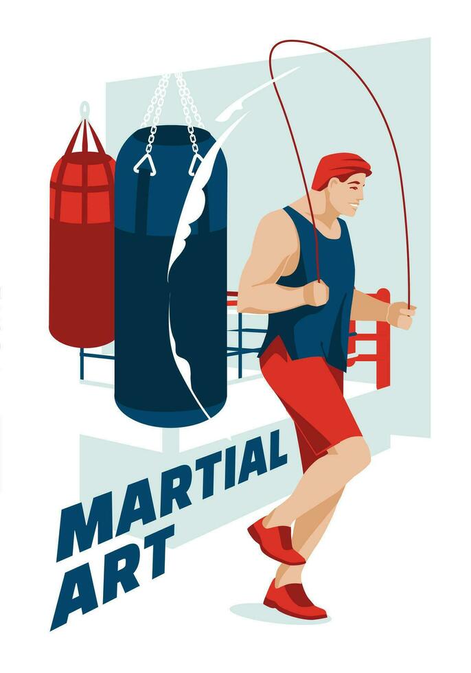 ein jung Boxer springt auf ein Seil gegen das Hintergrund von ein Boxen Ring. Sport Wettbewerbe, Hobbys und Ausbildung. Vektor eben Illustration