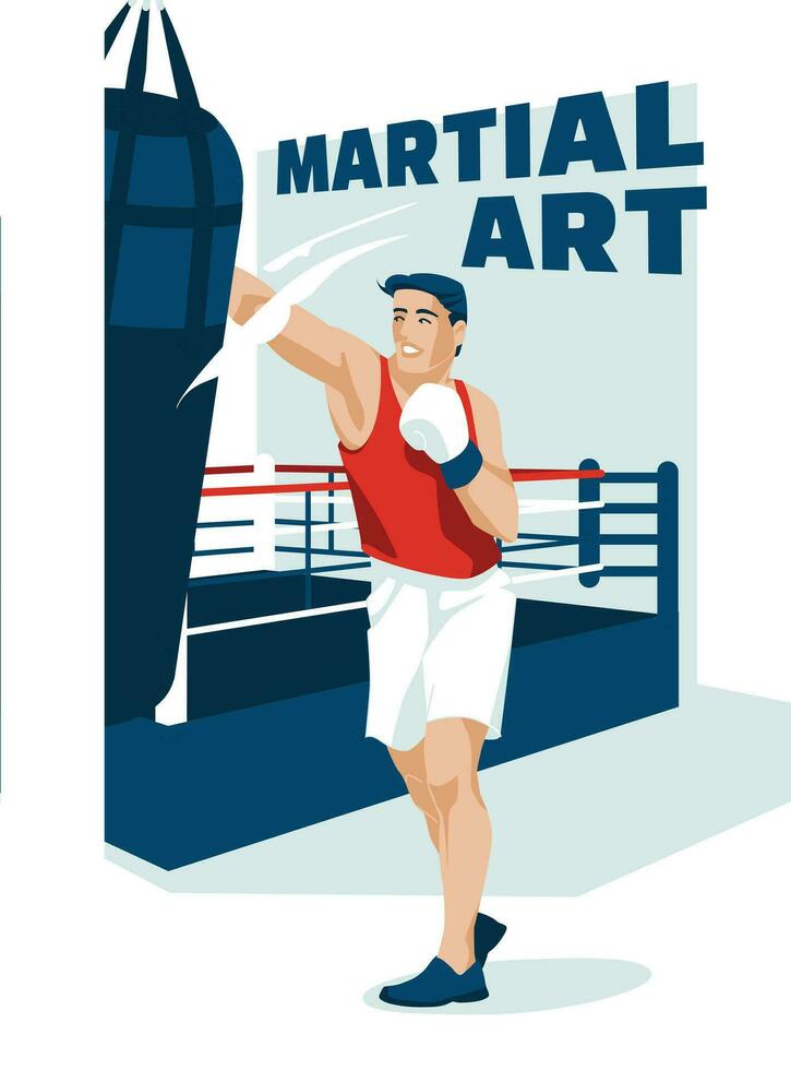 en ung man slag mot de bakgrund av en boxning ringa. sporter tävlingar, hobbies och studier. krigisk konst. vektor platt illustration