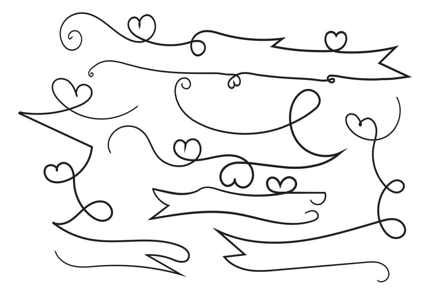valentines dag lockigt hjärtan stil kalligrafi översikt band, hand teckning calligraphic hjärta band vektor baner, dekorativ hjärtan romantisk kärlek text baner, hjärta skrolla linje översikt band