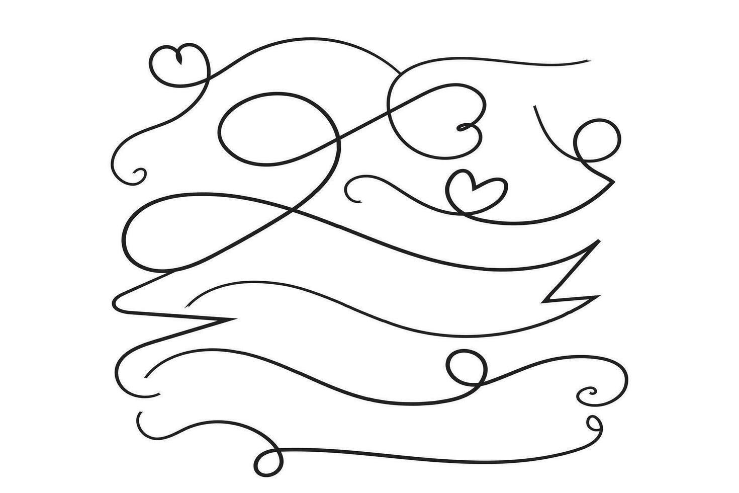 valentines dag lockigt hjärtan stil kalligrafi översikt band, hand teckning calligraphic hjärta band vektor baner, dekorativ hjärtan romantisk kärlek text baner, hjärta skrolla linje översikt band