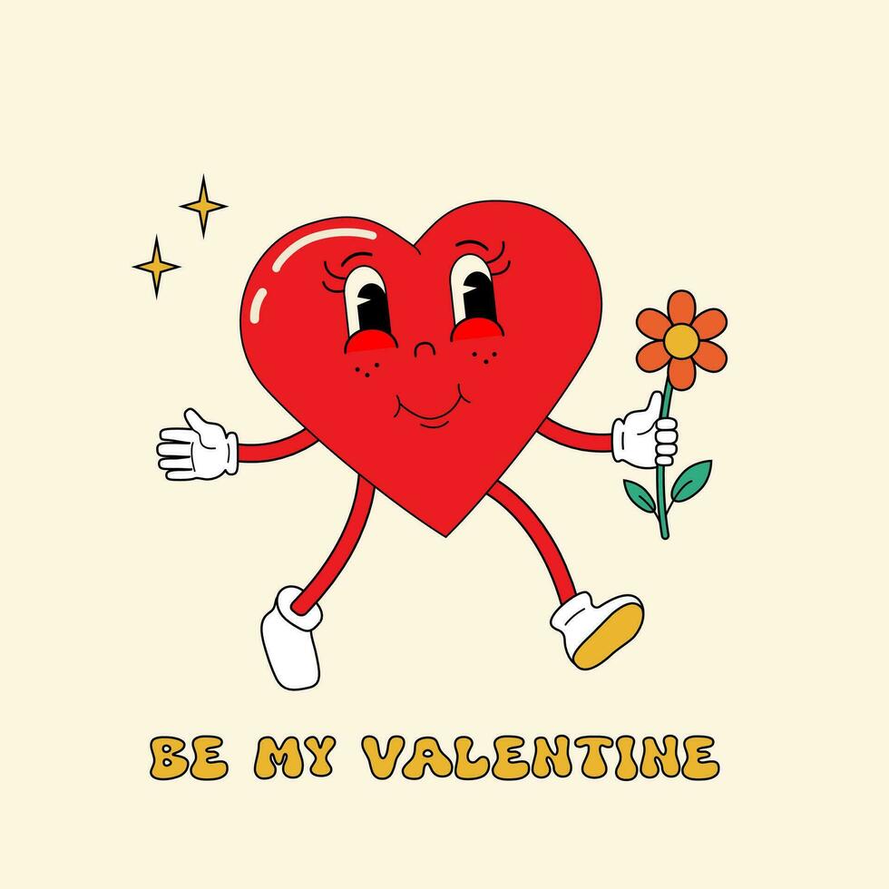 groovig Karikatur schön Herz. glücklich Valentinsgrüße Tag. Liebe Konzept. zum Poster, Karte, drucken, Sozial Medien, Post. modisch retro Stil vektor