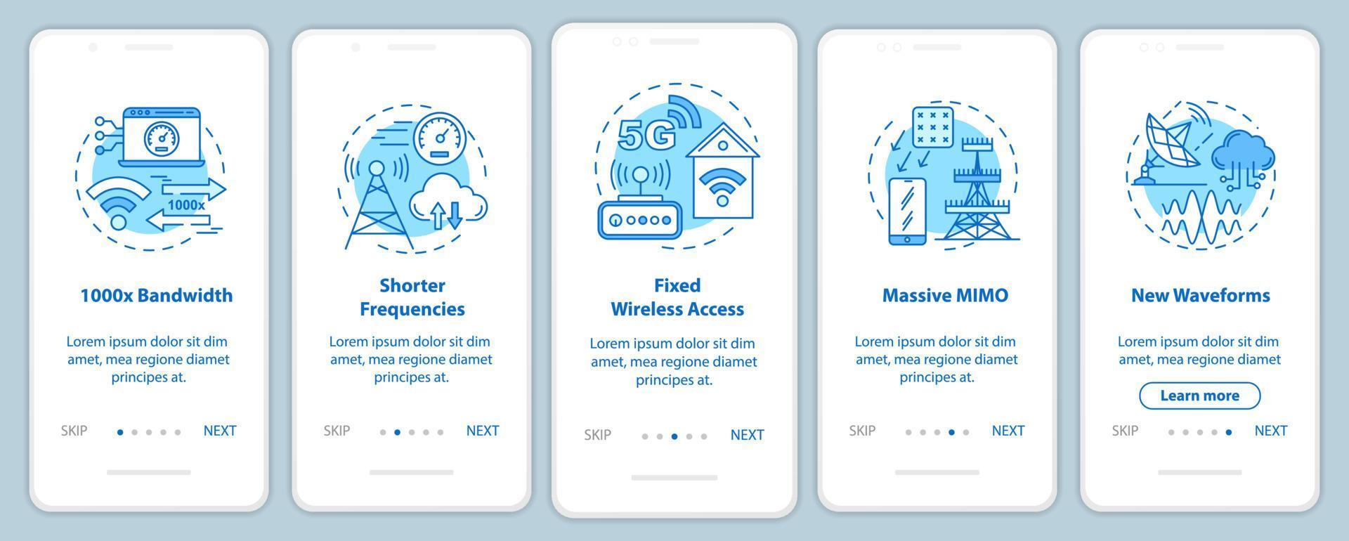 5g-Technologien beim Onboarding mobiler App-Seitenbildschirme mit linearen Konzepten vektor