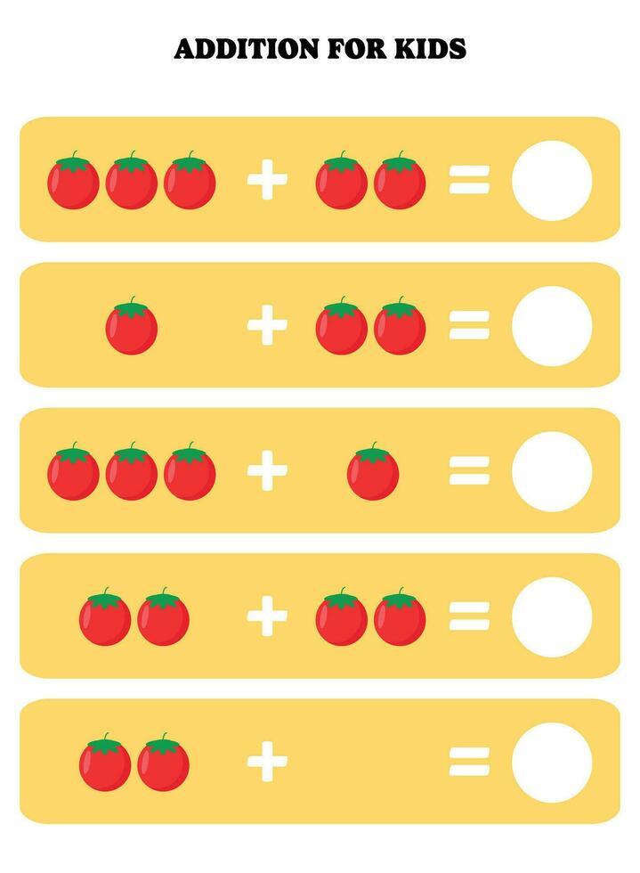 tillägg sida för ungar. pedagogisk matematik spel för barn med tomat. tryckbar kalkylblad design. inlärning matematik. vektor