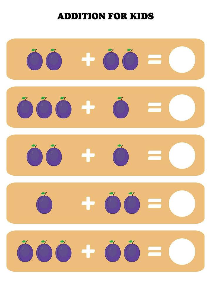 Zusatz Seite zum Kinder. lehrreich Mathematik Spiel zum Kinder mit Pflaume. druckbar Arbeitsblatt Design. Lernen mathematisch. vektor