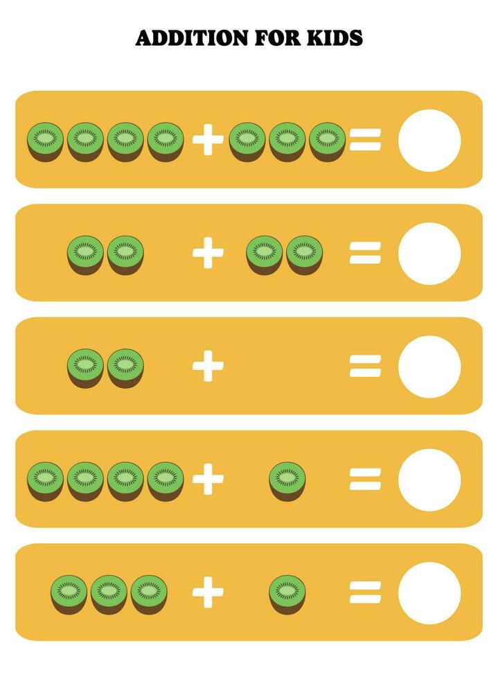 tillägg sida för ungar. pedagogisk matematik spel för barn med kiwi. tryckbar kalkylblad design. inlärning matematik. vektor