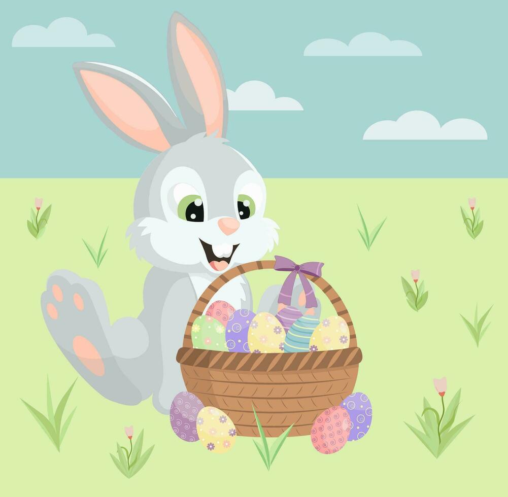 Ostern Hase Sitzung auf das Gras. ein Korb mit dekoriert Eier. nett Illustration zum Gruß Karte, Banner, Anzeige vektor