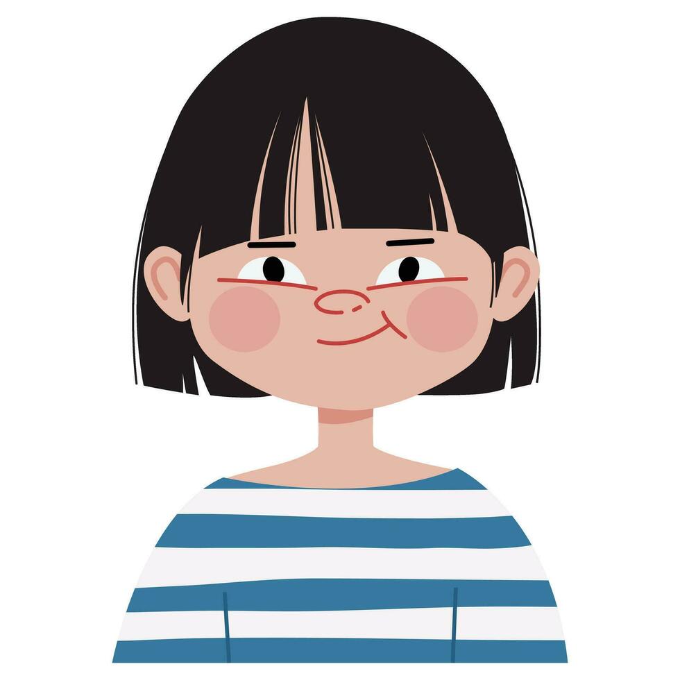 wenig glücklich asiatisch Mädchen Benutzerbild. Porträt von ein Niedlich, Smiley Kind Mädchen. Benutzerbild Gesicht von ein Schulmädchen. Karikatur Charakter. Vektor Kinder- Kopf Illustration isoliert auf ein Weiß