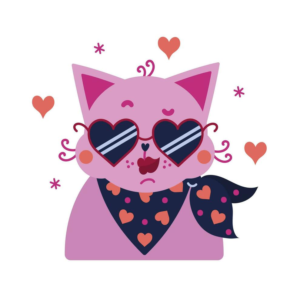 süß Mädchen Katze im stilvoll herzförmig Sonnenbrille. Rosa Vektor Kätzchen im ein Halstuch. schön Haustier mit hell Lippen. Illustration isoliert auf Weiß. eben Karikatur Liebe Clip Art zum Valentinstag Tag