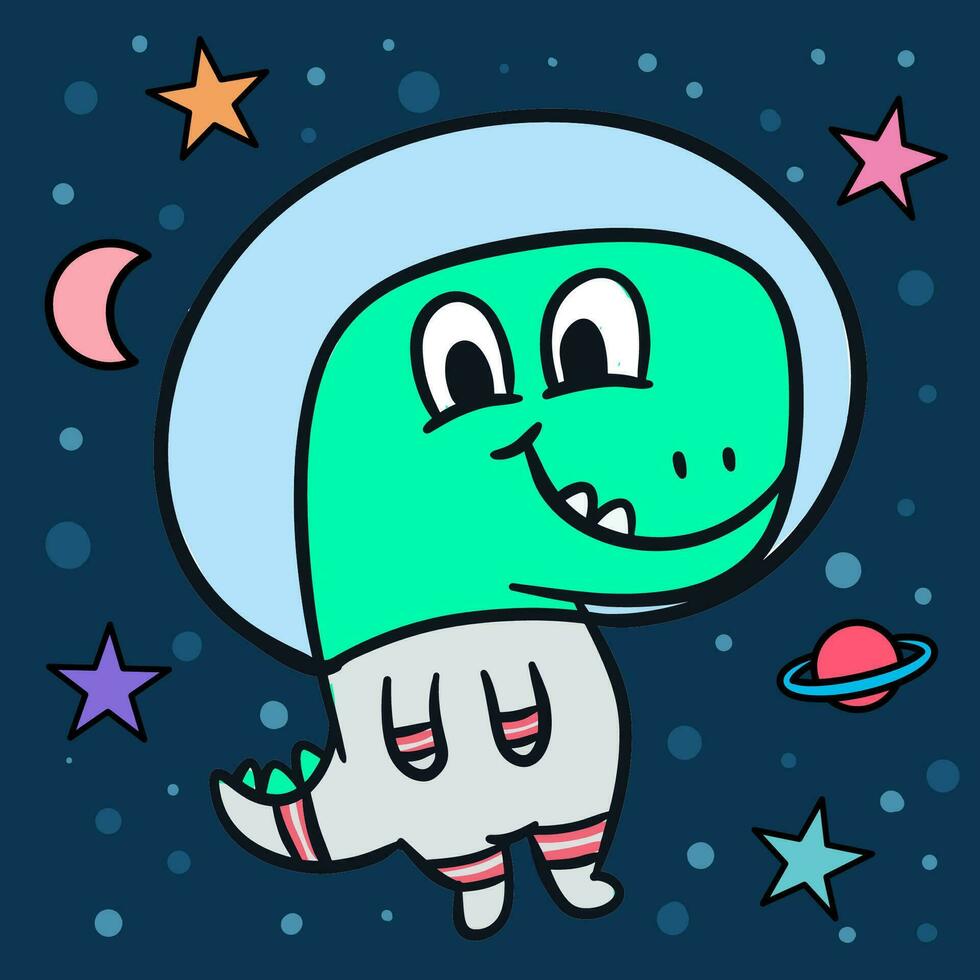 hand dragen rolig liten dinosaurie astronaut tecknad serie illustration vektor