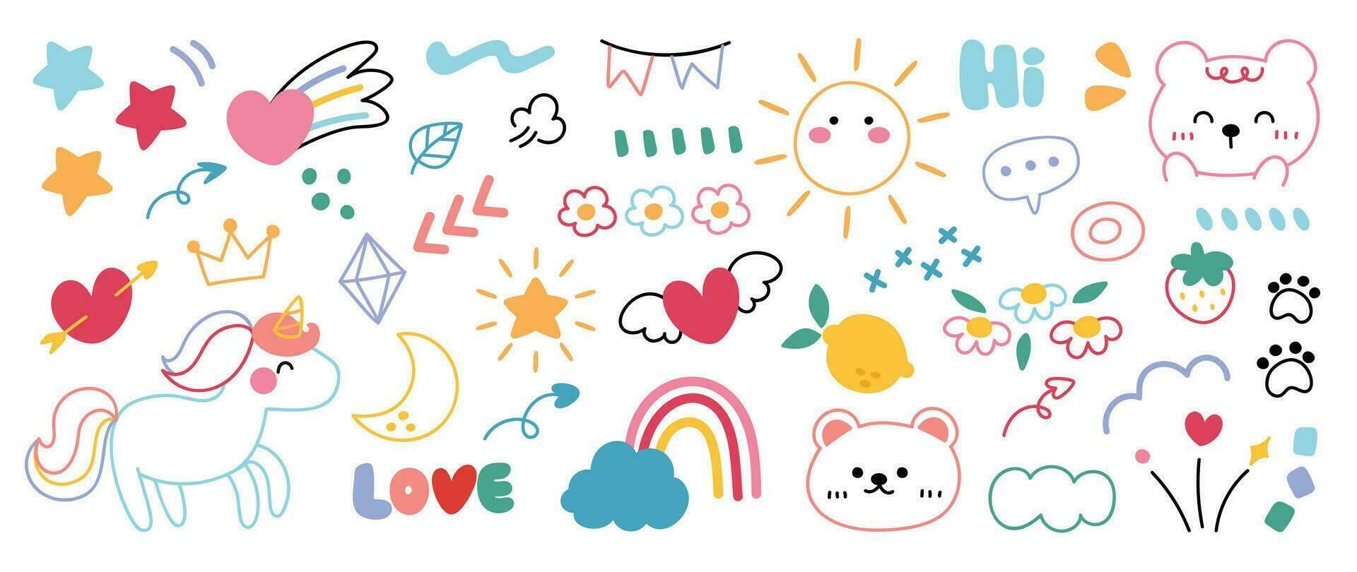 süß Hand gezeichnet Gekritzel Vektor Satz. bunt Sammlung von Blatt, kritzeln, Tier, Blume, Regenbogen, Wolke, Einhorn, Mond, Sonne. bezaubernd kreativ Design Element zum Dekoration, Anzeigen, Drucke, Branding.