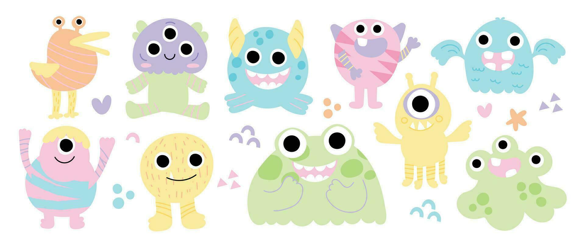 niedlich und kawaii monster kinder icon set. Sammlung von niedlichen Zeichentrickmonstern in verschiedenen verspielten Charakteren. lustiger teufel, alien, dämon und kreatur flaches vektordesign für comic, bildung, präsentation. vektor