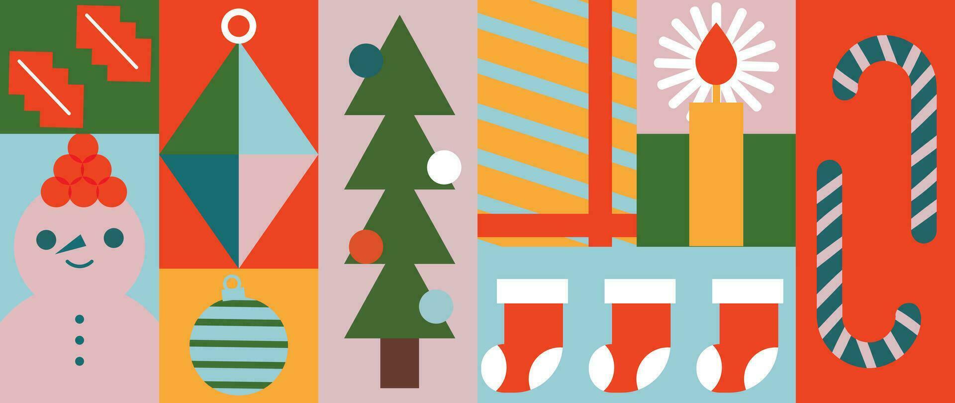 glad jul och Lycklig ny år mönster bakgrund vektor. dekorativ element av träd, ljus, snögubbe, strumpor, godis. design för baner, kort, omslag, affisch, advertising.wallpaper, förpackning. vektor