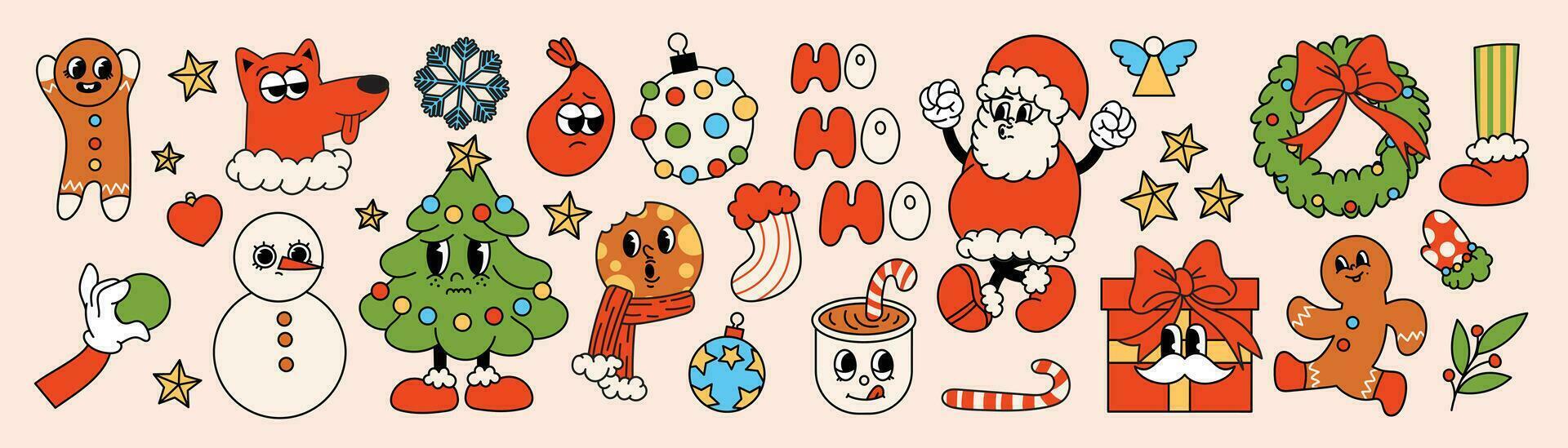 glad jul 70s häftig element vektor. samling av tecknad serie tecken, klotter leende ansikte, tomte, snögubbe, krans, jul träd, gåva. söt retro häftig hippie design för dekorativ, klistermärke. vektor