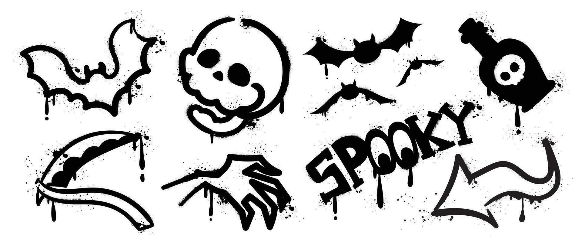 uppsättning av graffiti spray mönster. samling av halloween symbol, spöke, fladdermus, skalle, pil, förgifta med spray textur. element på vit bakgrund för klistermärke, baner, dekoration, gata konst, halloween. vektor