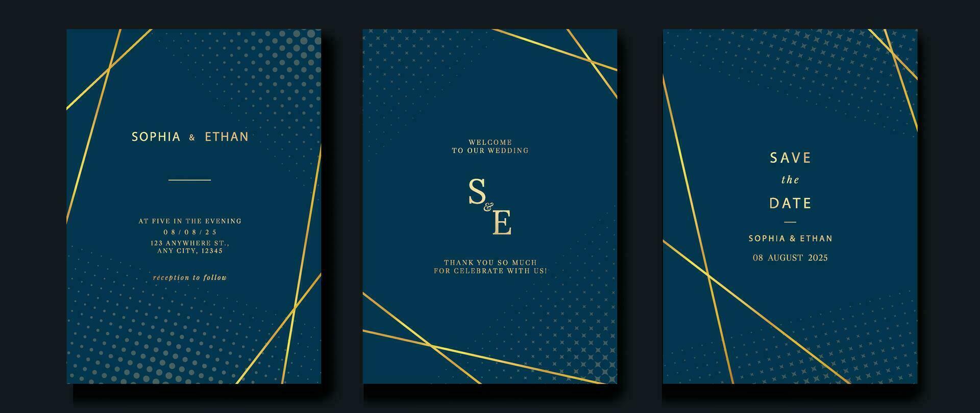 Luxus Einladung Karte Hintergrund Vektor. golden elegant geometrisch Form, Gold Linie, Punkt Gradient auf dunkel Blau Hintergrund. Prämie Design Illustration zum Gala Karte, großartig Öffnung, Party Einladung. vektor