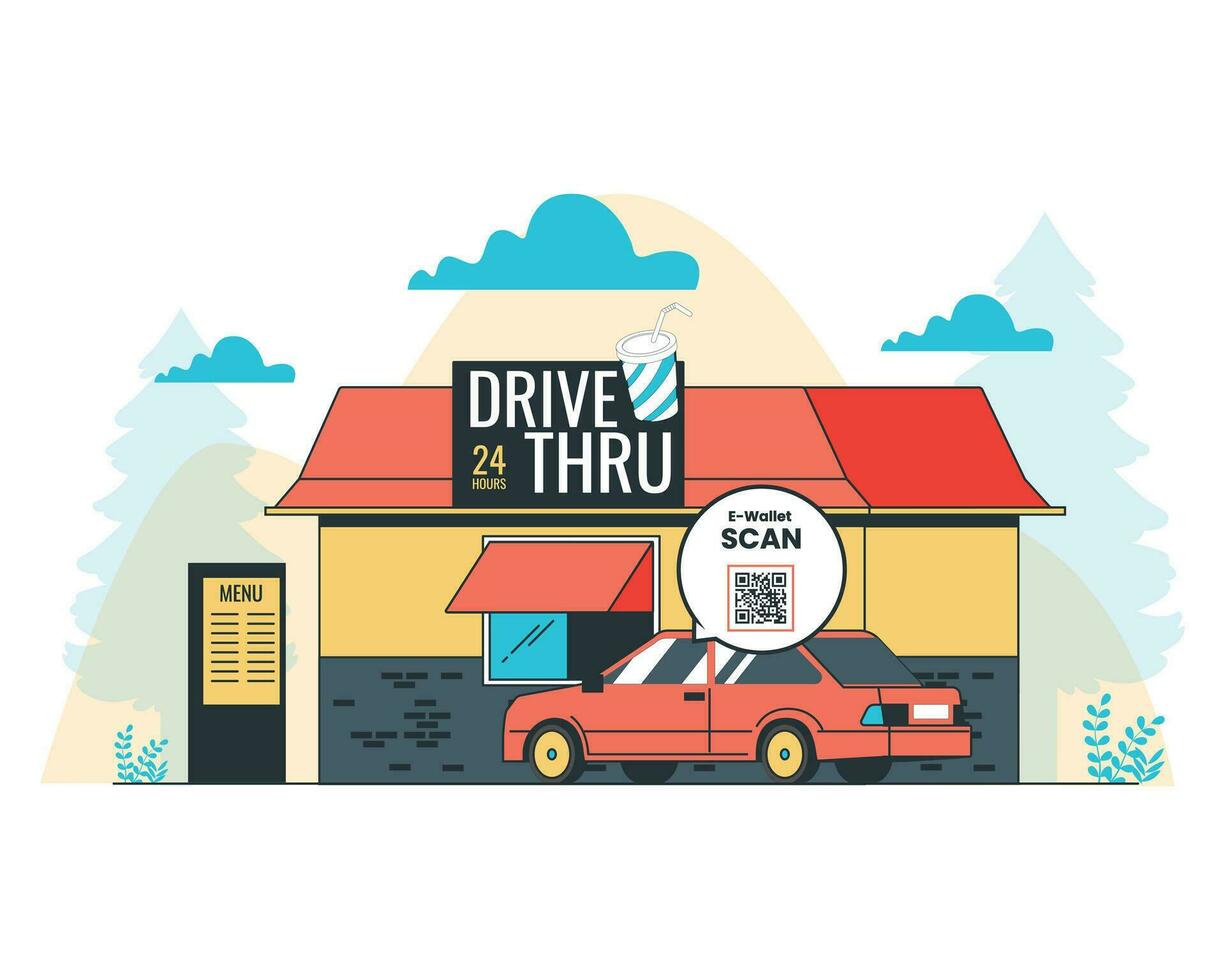Vektor Illustration von ein eben Design von ein schnell Essen Restaurant Fahrt durch mit ein Auto zum kontaktlos Zahlung Konzept