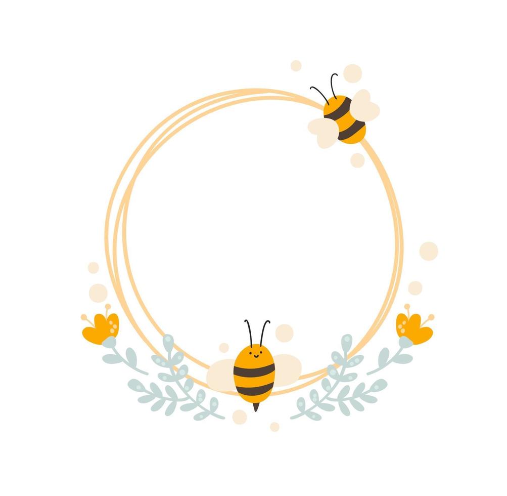 söta barn runda ram med bi och bukett blommor krans vektor