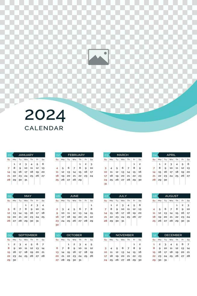 2024 Mauer Kalender Vorlage Vektor einer Seite