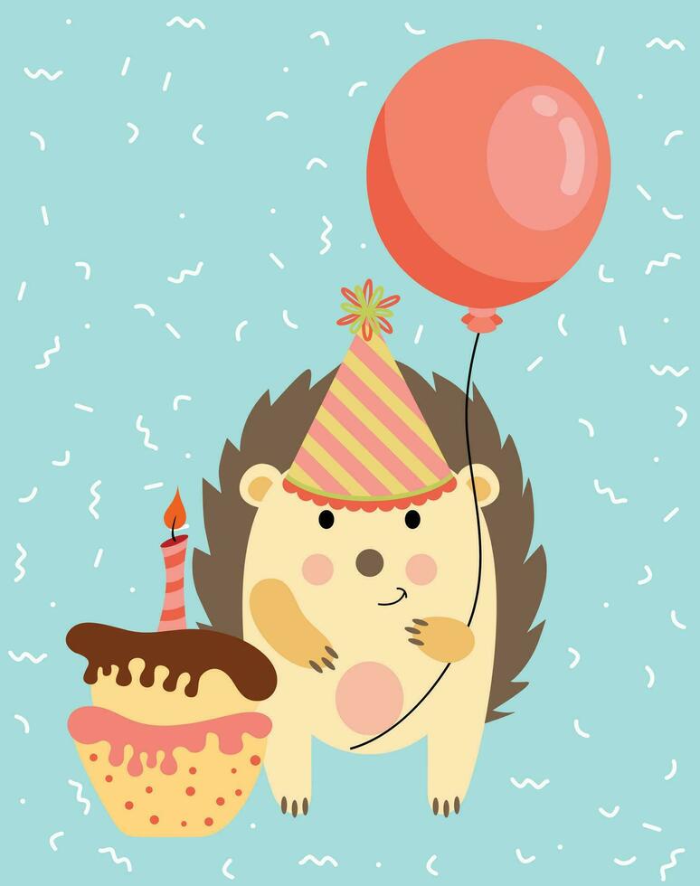 glücklich Geburtstag Gruß Karte mit Igel halten ein Ballon und Kuchen vektor