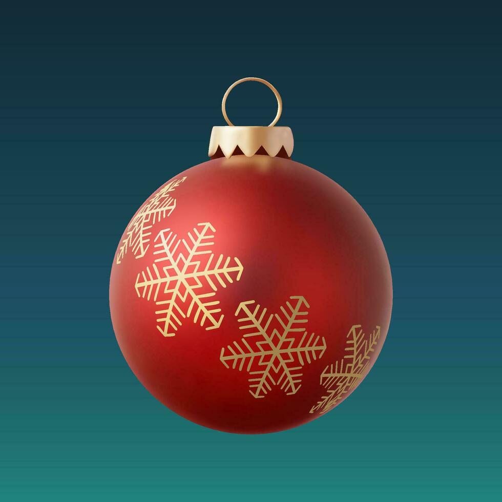 jul röd glas boll prydnad 3d ikon med snöflingor mönster. vektor illustration isolerat på blå bakgrund.