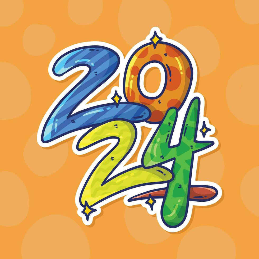 färgrik 2024 logotyp text vektor design med tecknad serie illustration stil. 2024 text design typografi för ny år affisch eller hälsning