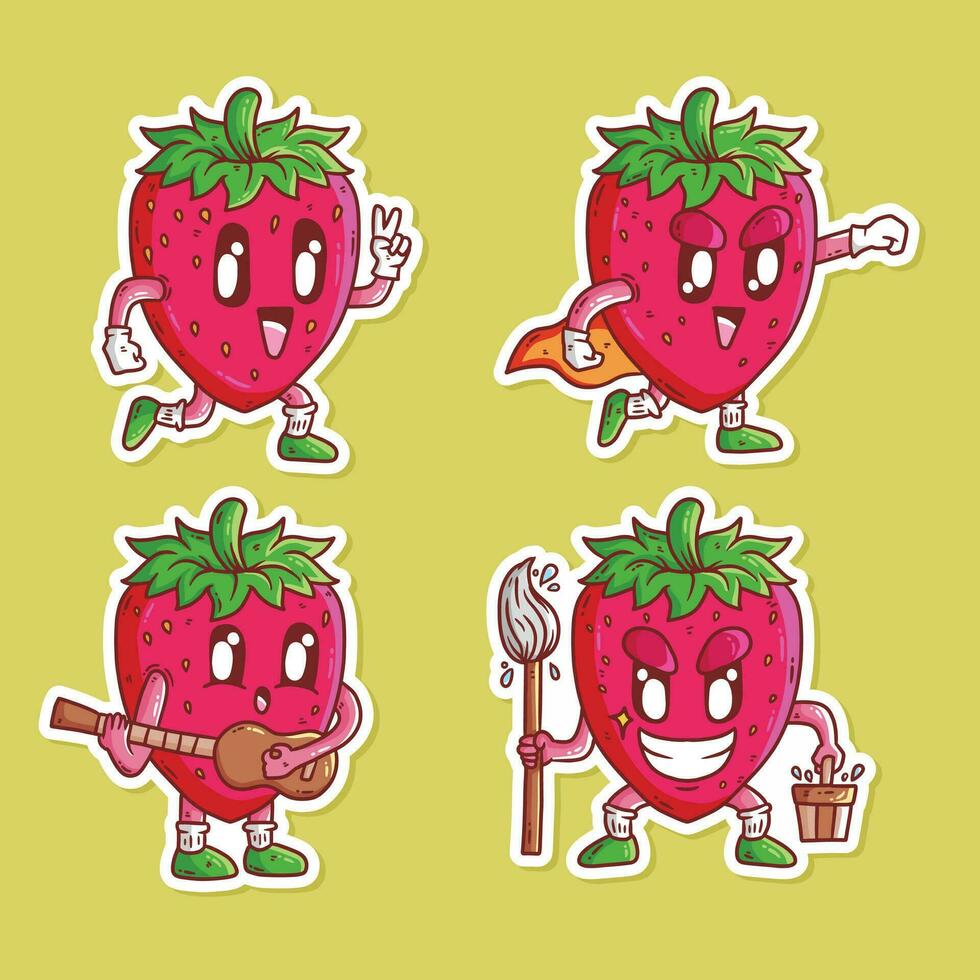 einstellen von süß glücklich Erdbeere Obst Maskottchen Charakter Vektor Karikatur Illustration. Erdbeere Vektor Karikatur Illustration