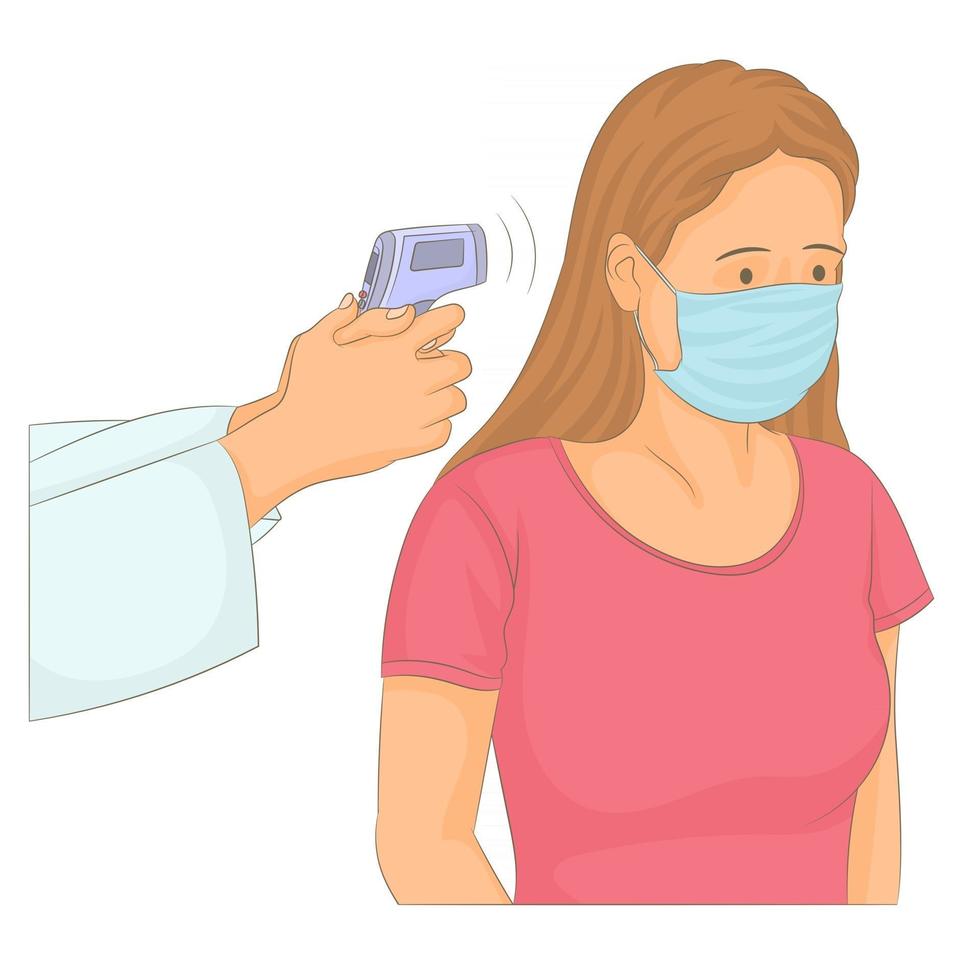 ein Arzt misst die Temperatur einer Frau in einer medizinischen Maske vektor