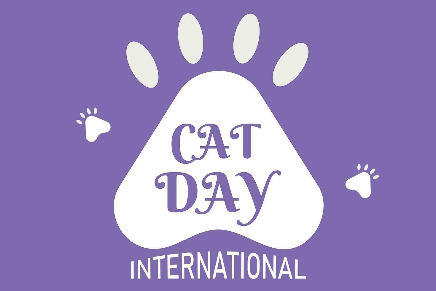 International Katze Tag Design, Weiß Katze Pfote auf ein lila Hintergrund. Vektor Illustration.