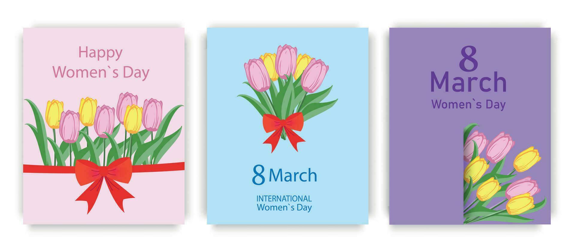 ein einstellen von Karten mit Tulpen und ein rot Bogen zum das International Tag von März 8. Vektor Illustration.